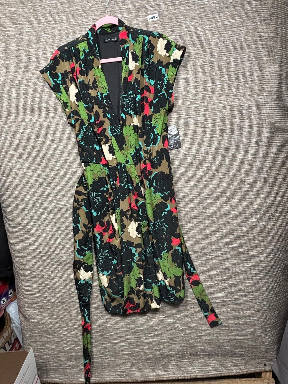 Marina Dress Womens 14 Multicolor Floral Wrap V Neck Belted Lined Knee Length